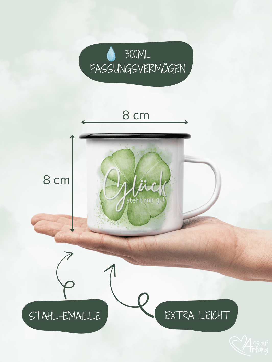 Glück steht mir gut - Emaillebecher und Tassen handgefertigt per Sublimationsdruck bei Alles auf Anfang – Aufdruck von Hand angebracht, leichte Motivabweichungen möglich, langlebige personalisierte Geschenkideen