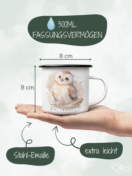 Produktinformationen Größe und Fassungsvermögen vom Emaillebecher, Motiv Eule. Onlineshop Alles auf Anfang - Geschenke für Herz & Seele