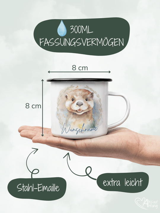 Produktinformationen Größe und Fassungsvermögen vom Emaillebecher, Motiv Otter. Onlineshop Alles auf Anfang - Geschenke für Herz & Seele