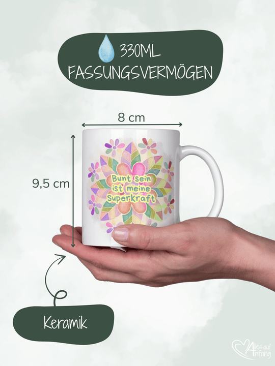 Keramiktasse mit Spruch „Bunt ist meine Superkraft“ – Geschenk für Frauen, Lebensfreude, Selbstliebe & kreative Persönlichkeit