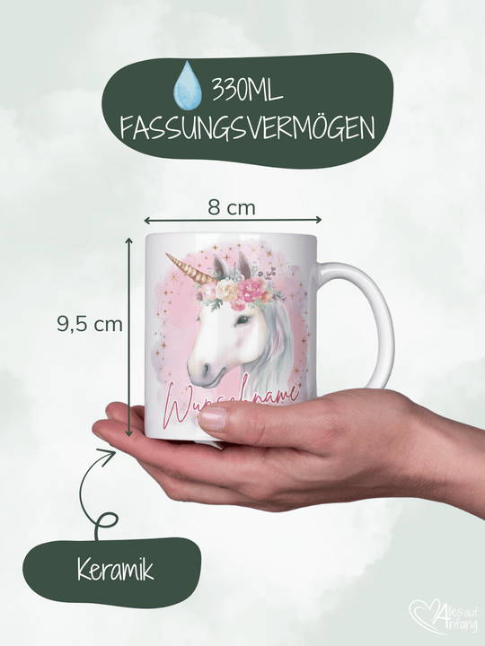 Motiv Einhorn - Personalisierbare Keramiktassen, handgefertigt in Deutschland, individuelles Geschenk für Freundin, nachhaltige Tasse für Kaffee oder Tee, liebevoll gestaltetes Motiv, personalisierbar mit Name
