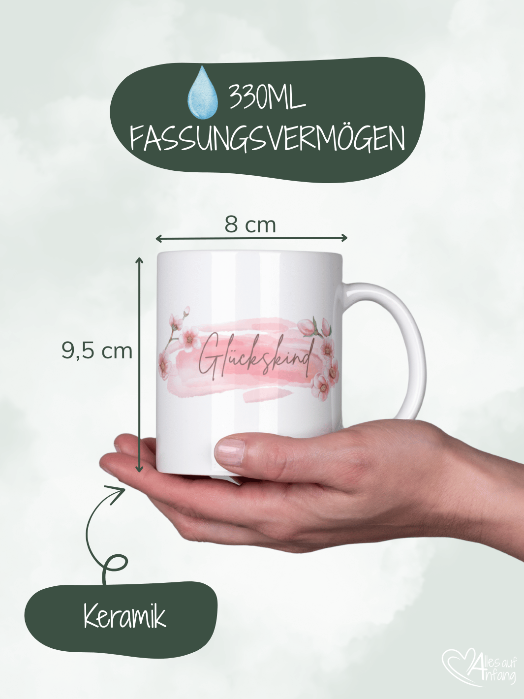 Glückskind Tasse personalisierbar - Größeninformation - Alles auf Anfang - Geschenke für Herz & Seele - Geschenkidee Freundin
