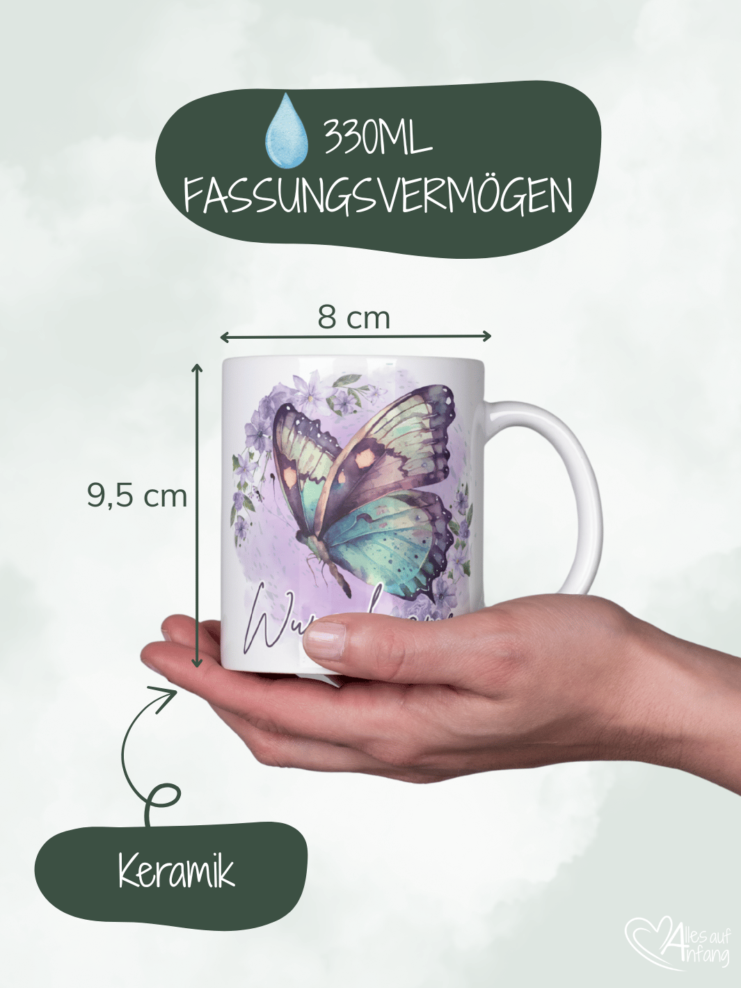 Motiv Schmetterling - Personalisierbare Keramiktassen, handgefertigt in Deutschland, individuelles Geschenk für Freundin, nachhaltige Tasse für Kaffee oder Tee, liebevoll gestaltetes Motiv, personalisierbar mit Name