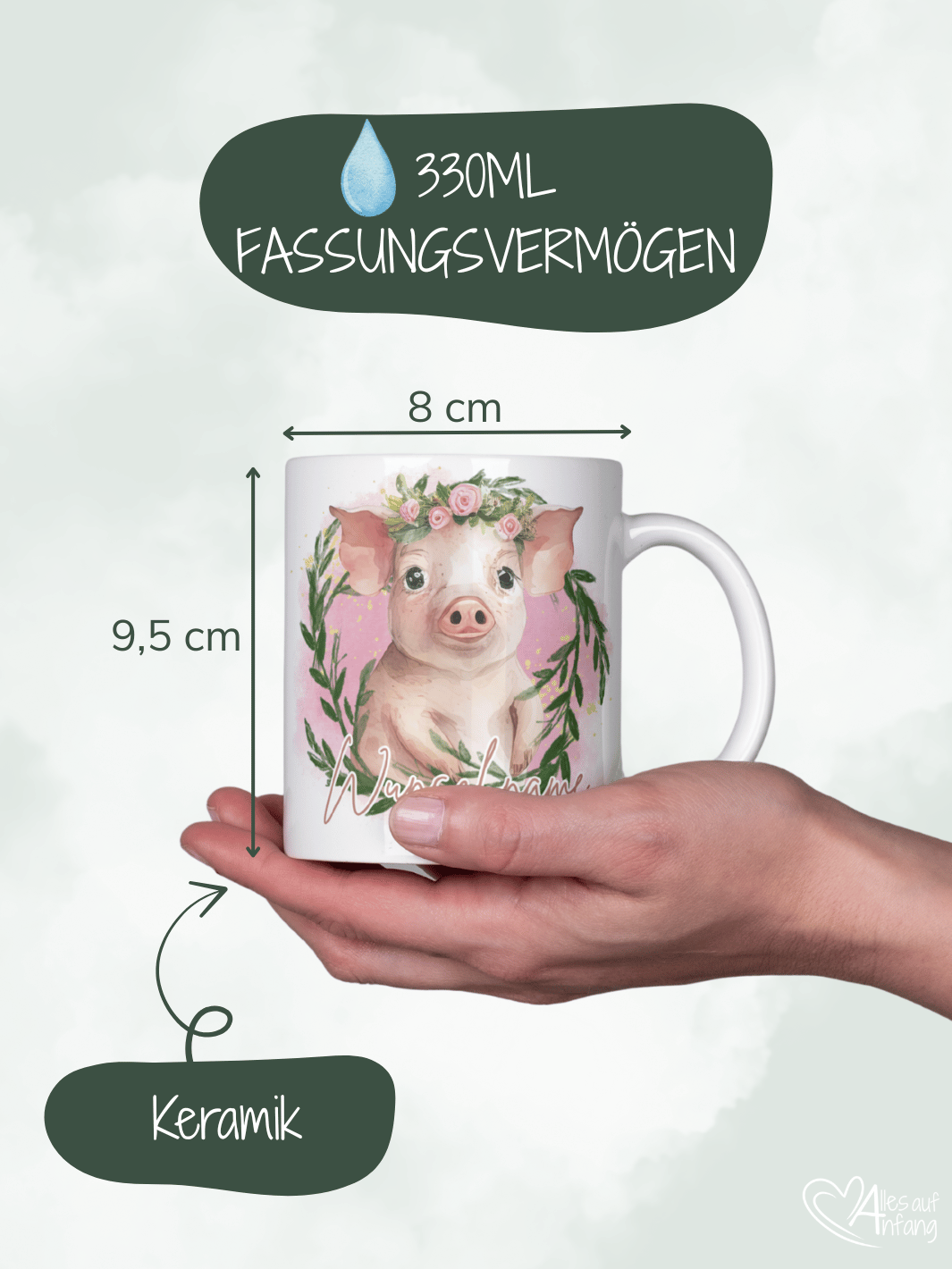 Personalisierte Keramiktasse mit Schweinchen – süßes Geschenk für Frauen, Glücksbringer mit Wunschnamen, liebevolles personalisiertes Geschenk.