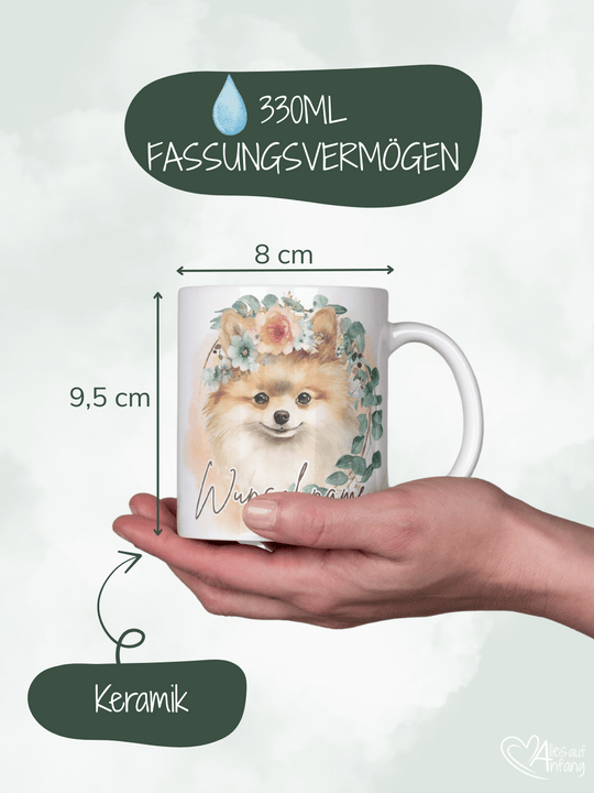 Motiv Spitz (Hund) - Personalisierbare Keramiktassen, handgefertigt in Deutschland, individuelles Geschenk für Freundin, nachhaltige Tasse für Kaffee oder Tee, liebevoll gestaltetes Motiv, personalisierbar mit Name