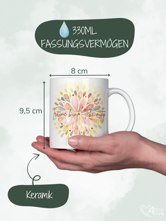 Keramiktasse mit Spruch „Träume bunt – lebe mutig“ – Geschenk für Frauen, Lebensfreude, Selbstverwirklichung & inneren Aufbruch
