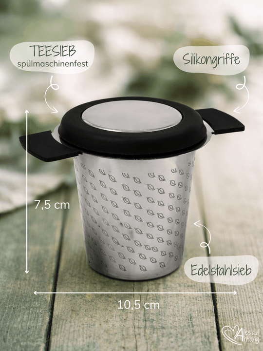 Maßangaben Teesieb Edelstahl, Fa. Arelo. Achtsame Geschenke für Frauen bei Alles auf Anfang in Bedburg, NRW