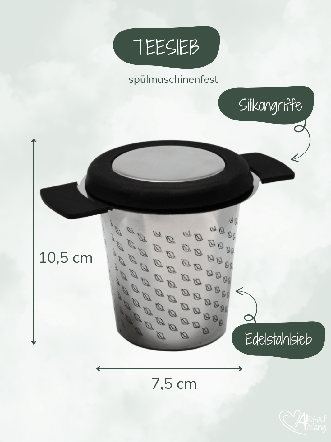 Teesieb Arelo 10,5x7,5cm Edelstahl mit Silikongriffen. Spülmaschinenfest