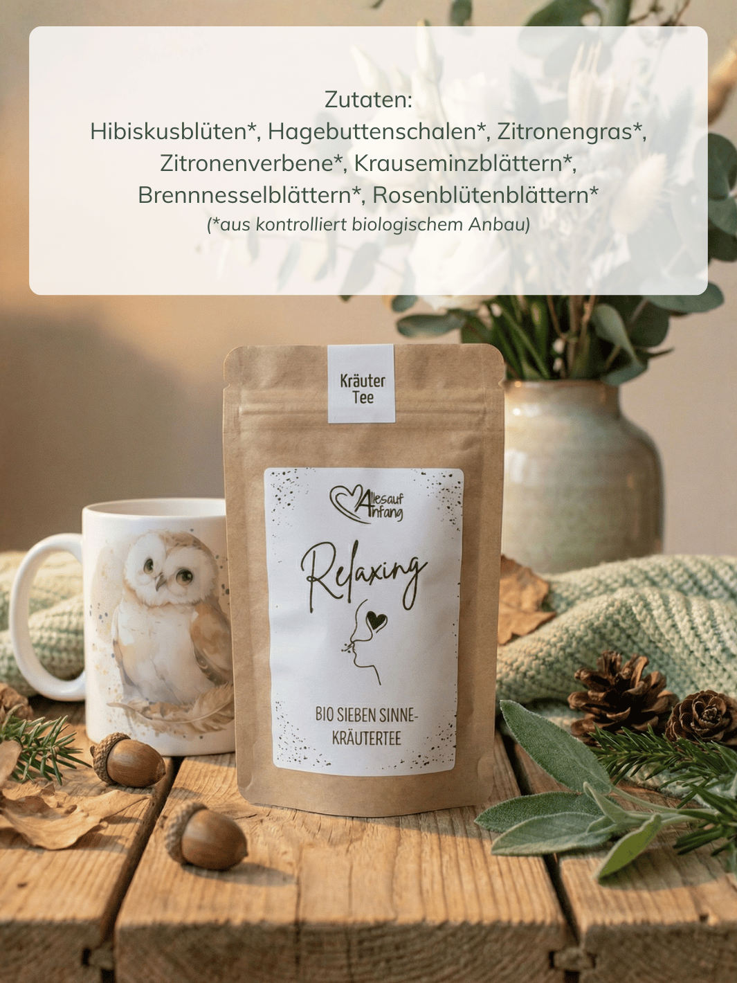 Inhaltsstoffe von Relaxing 7-Sinne-Kräutertee Bio - achtsame Geschenke für Frauen bei Alles auf Anfang in Bedburg, NRW