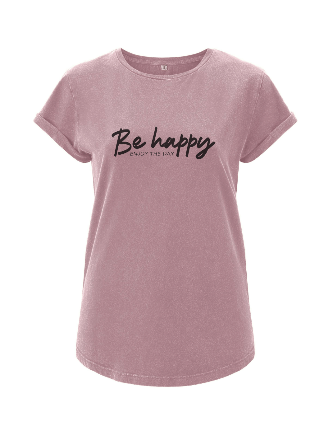 Damen T-Shirt rolled arms BE HAPPY purple rose