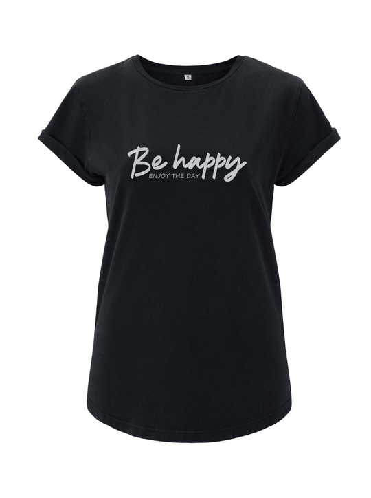 Damen T-Shirt rolled arms BE HAPPY schwarz