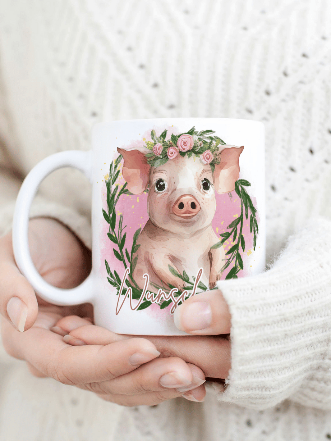 Personalisierte Keramiktasse mit Schweinchen – süßes Geschenk für Frauen, Glücksbringer mit Wunschnamen, liebevolles personalisiertes Geschenk.