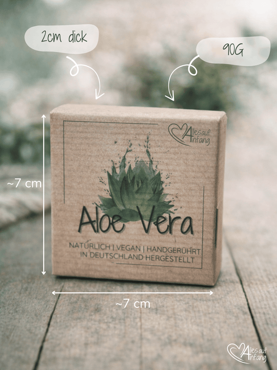Maßangaben von handgerührter Aloe-Vera-Gesichtsseife aus Deutschland. Achtsame Geschenke für Frauen bei Alles auf Anfang in Bedburg, NRW