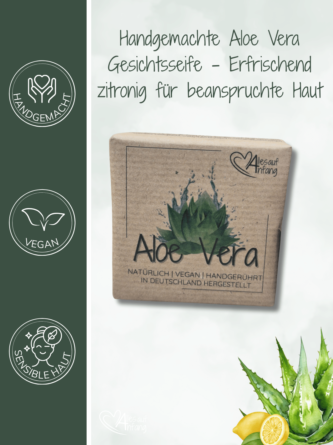 Handgemachte Aloe Vera Gesichtsseife 90g – vegan, sanft zur sensiblen Haut, natürliche Pflege für Gesicht und Körper