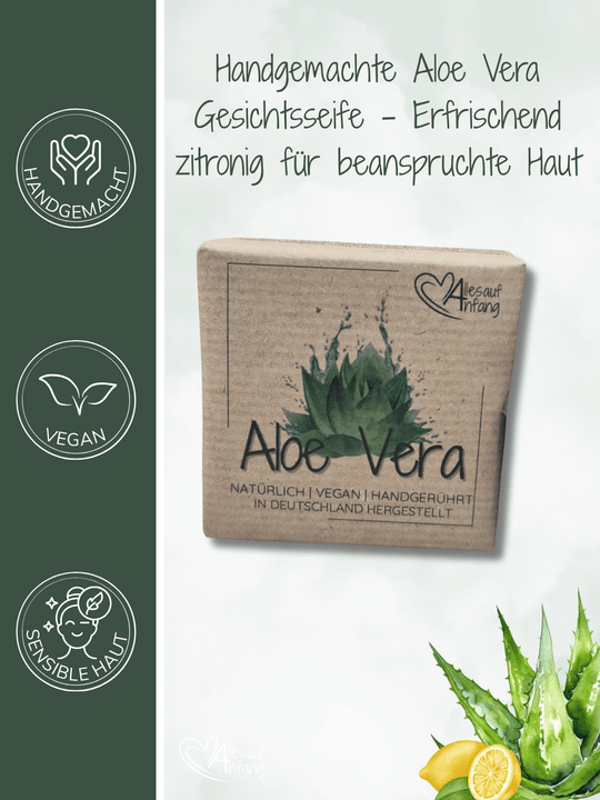 Handgemachte Aloe Vera Gesichtsseife 90g – vegan, sanft zur sensiblen Haut, natürliche Pflege für Gesicht und Körper