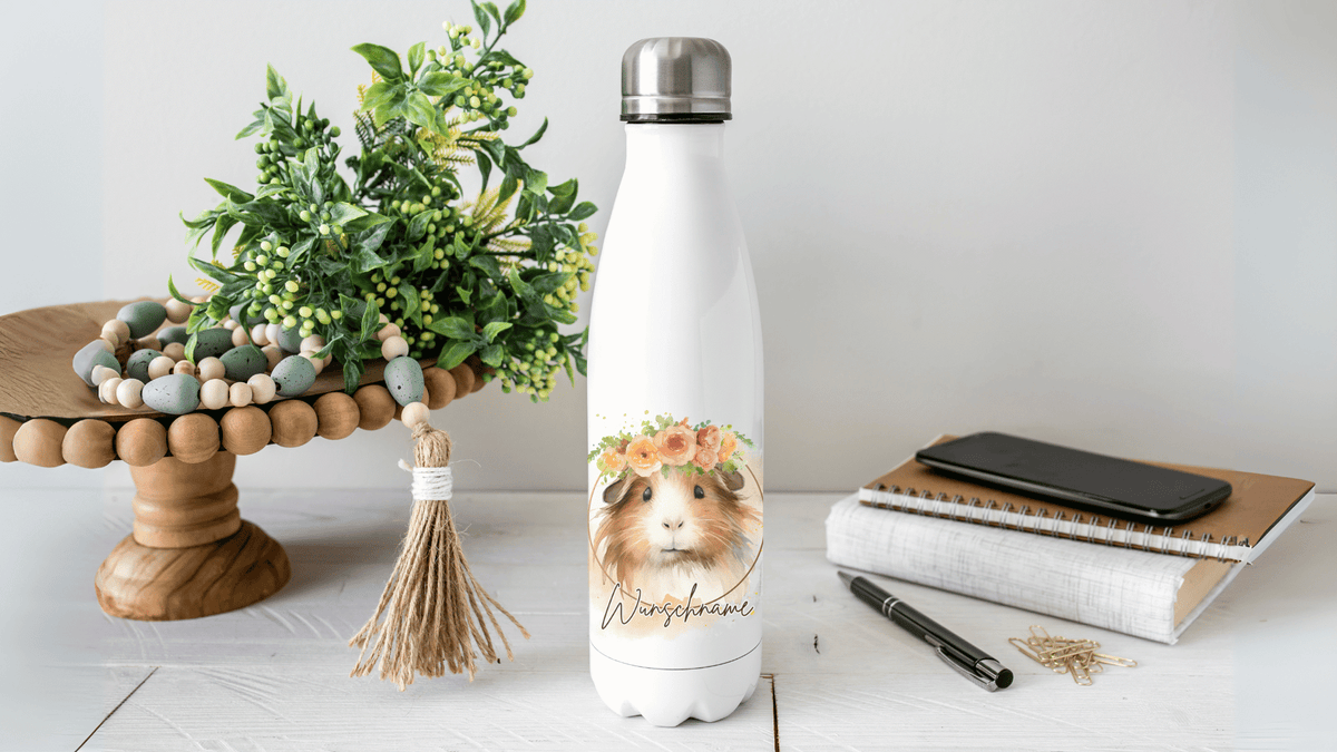 Edelstahl-Trinkflasche mit Aquarellmotiv Meerschweinchen - ideales Geschenk für deinen Lieblingsmenschen.