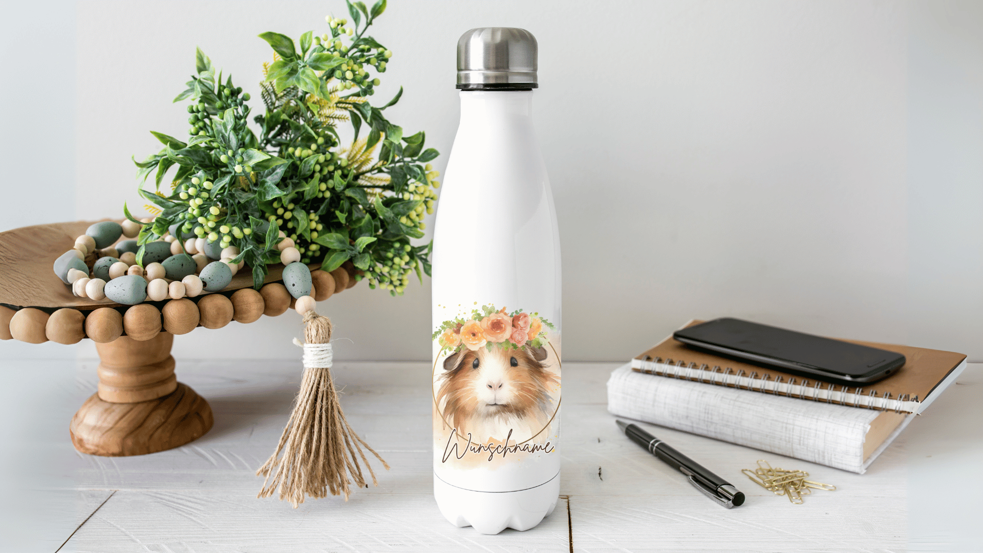 Edelstahl-Trinkflasche mit Aquarellmotiv Meerschweinchen - ideales Geschenk für deinen Lieblingsmenschen.