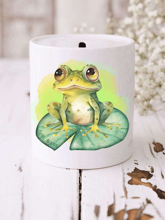Freche Spardose mit Froschmotiv – personalisierbar & farbenfroh. Für kleine Quak-Fans & Naturfreunde. Alles auf Anfang 💚 Geschenke für Herz & Seele