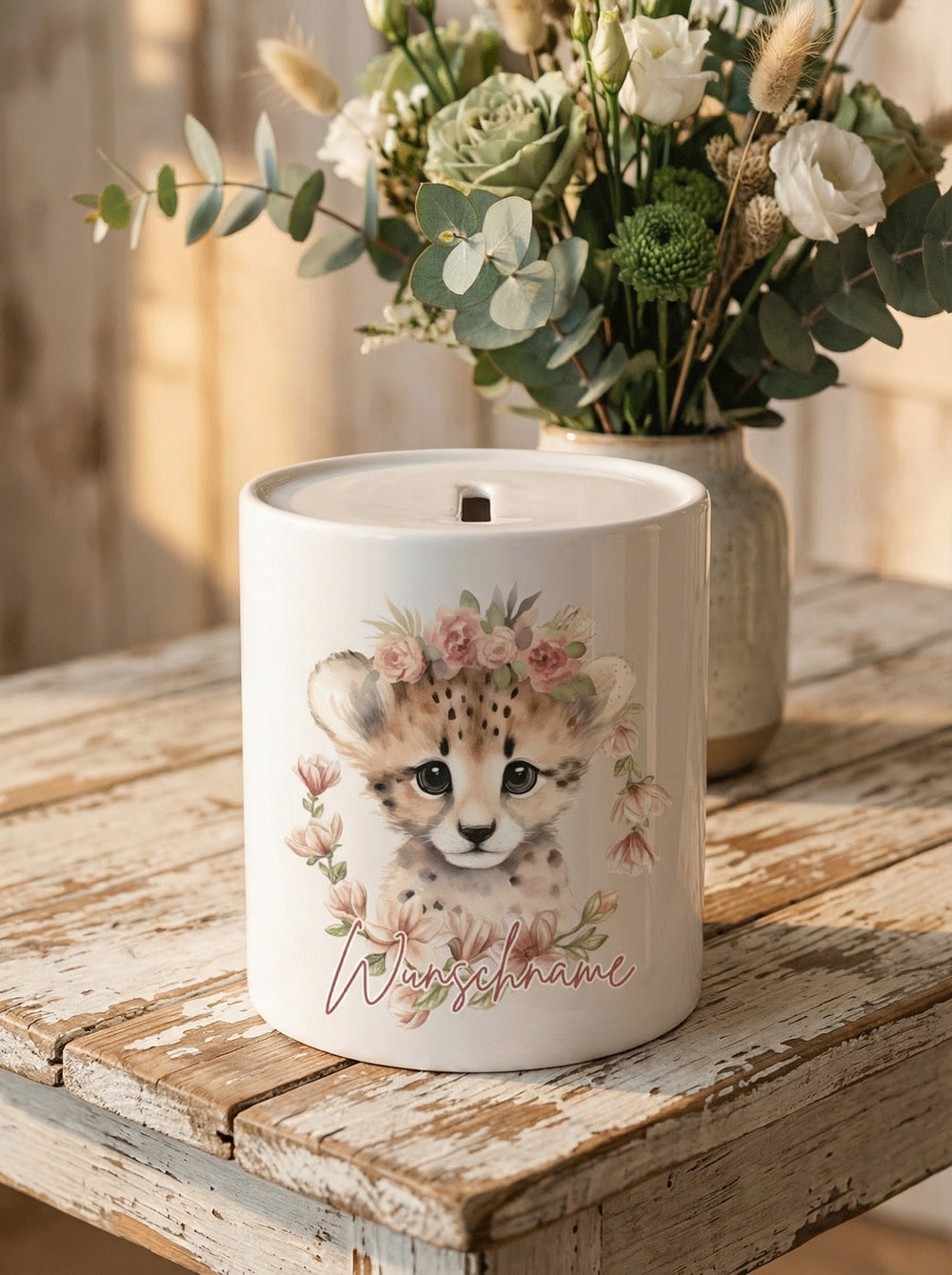 Keramikspardose Gepard personalisiert - achtsame Geschenke für Frauen bei Alles auf Anfang, Bedburg NRW