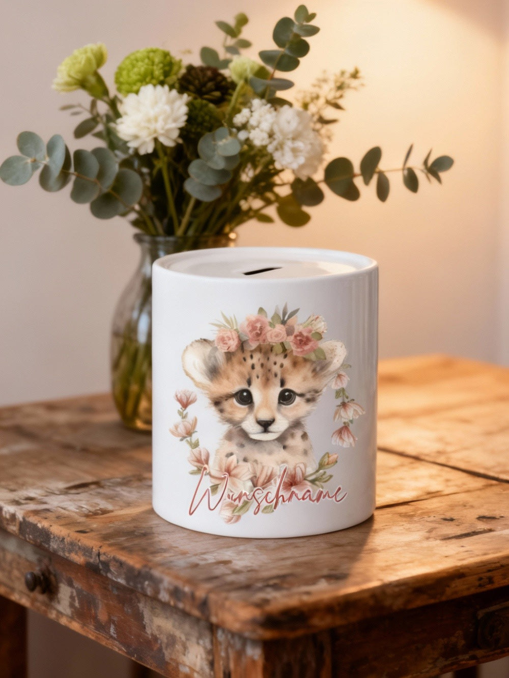 Keramikspardose Gepard personalisiert - achtsame Geschenke für Frauen bei Alles auf Anfang, Bedburg NRW
