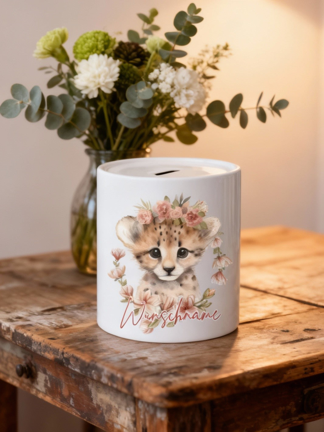 Keramikspardose Gepard personalisiert - achtsame Geschenke für Frauen bei Alles auf Anfang, Bedburg NRW