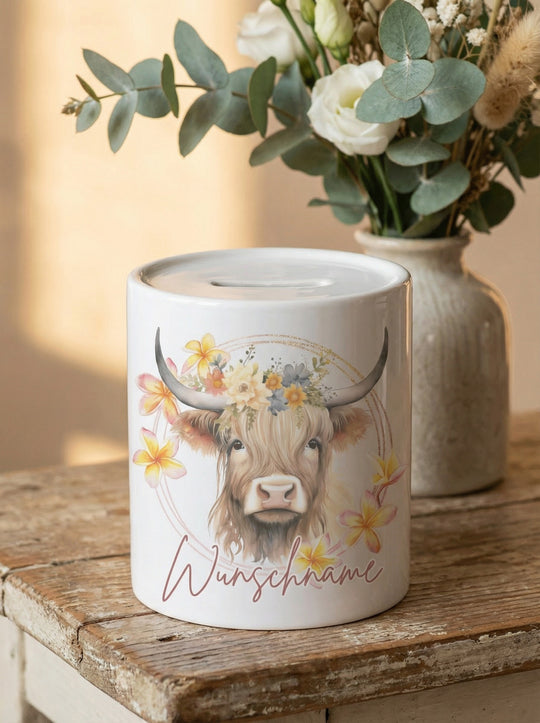 Keramikspardose Highland Cow personalisiert - achtsame Geschenke für Frauen bei Alles auf Anfang, Bedburg NRW