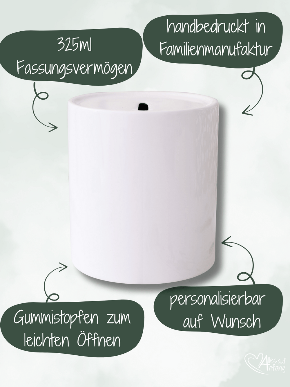 Keramikspardose 325 ml mit Gummistopfen – handbedruckt und personalisierbar von Alles auf Anfang, nachhaltige Familienmanufaktur, individuelles Geschenk für Kinder und Erwachsene