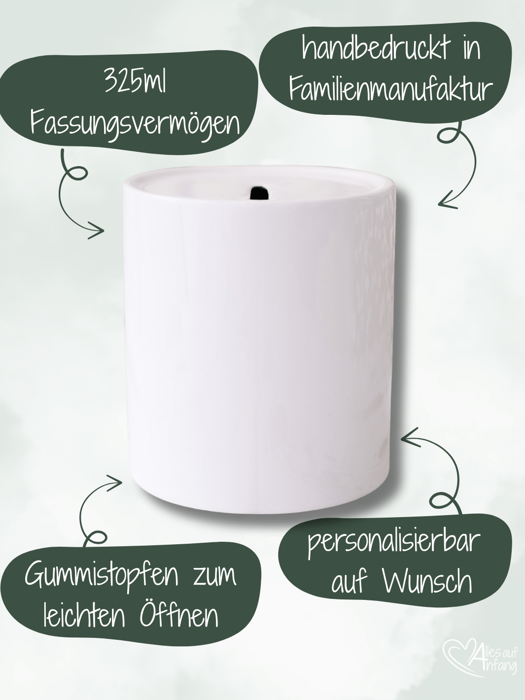 Keramikspardose 325 ml mit Gummistopfen – handbedruckt und personalisierbar von Alles auf Anfang, nachhaltige Familienmanufaktur, individuelles Geschenk für Kinder und Erwachsene