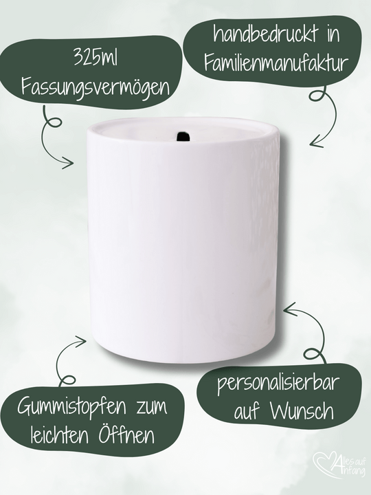 Keramikspardose 325 ml mit Gummistopfen – handbedruckt und personalisierbar von Alles auf Anfang, nachhaltige Familienmanufaktur, individuelles Geschenk für Kinder und Erwachsene