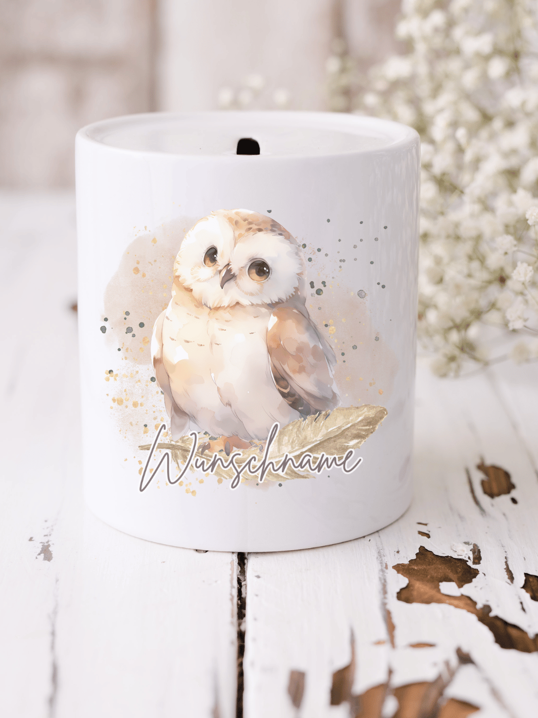 Keramikspardose mit weiser Eule im Aquarellstil – personalisierbar mit Namen. Schönes Geschenk für Schulanfang oder kleine Nachteulen. Alles auf Anfang 💚 Geschenke für Herz & Seele