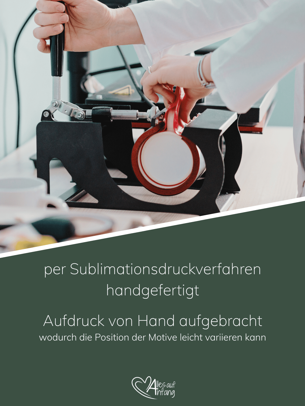 Darstellung des Sublimationsverfahrens für langlebige, farbintensive Designs auf unseren Produkten – Achtsame Geschenke für Frauen bei Alles auf Anfang in Bedburg, NRW