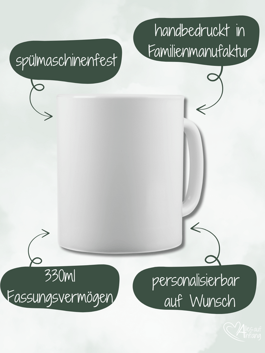 personalisierbare Keramiktasse, spülmaschinenfest und handbedruckt in Familienmanufaktur von Alles auf Anfang, dem Onlineshop für Geschenke mit Herz und Seele
