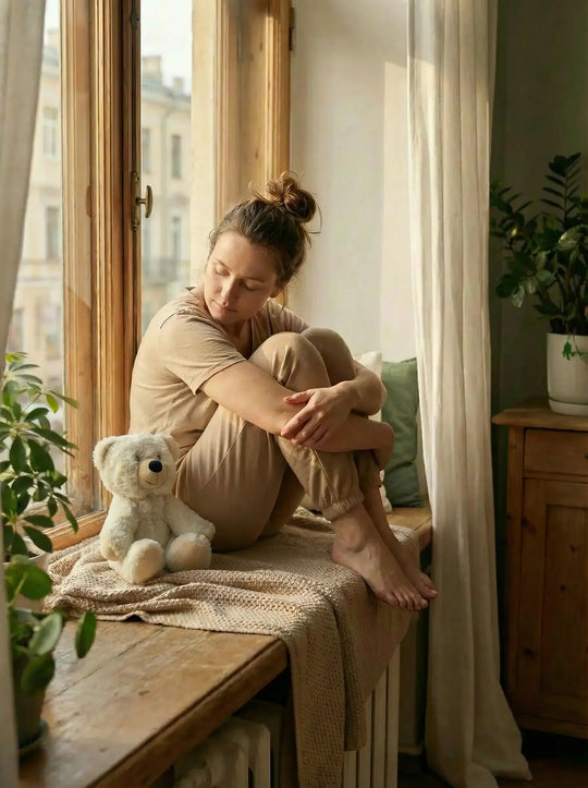 Frau am Fenster mit Mutmacher Teddybär – achtsamer Augenblick für innere Ruhe und neue Stärke, achtsame Geschenke für Frauen bei Alles auf Anfang in Bedburg, NRW