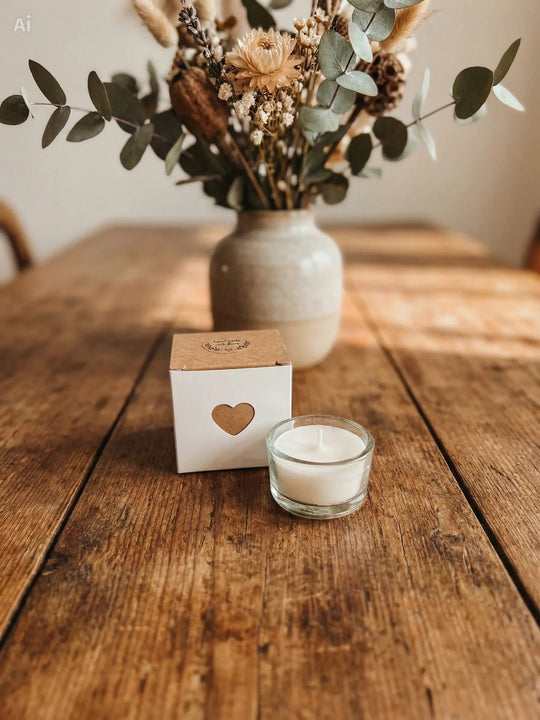 Wundertüteninhalt: Teelicht mit Wecklas in Kartonage. Achtsame Geschenke für Frauen bei Alles auf Anfang in Bedburg, NRW