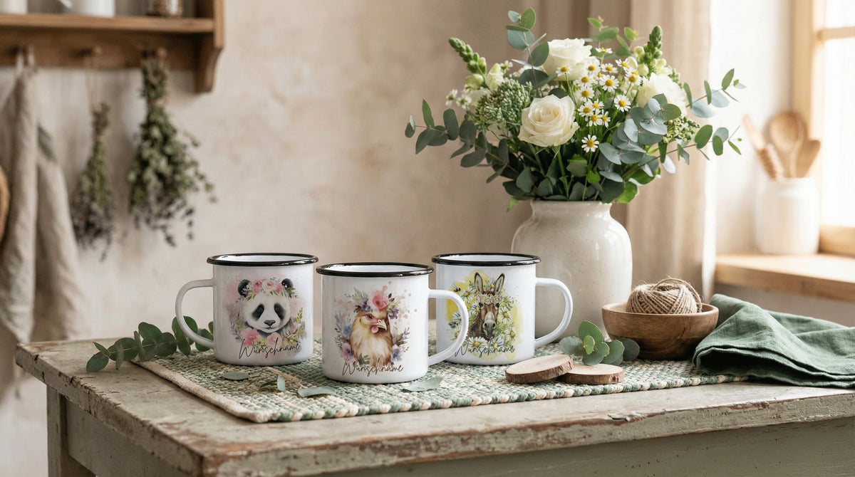 Emaillebecher als personalisierte, achtsame Geschenke für Frauen bei Alles auf Anfang in Bedburg, NRW