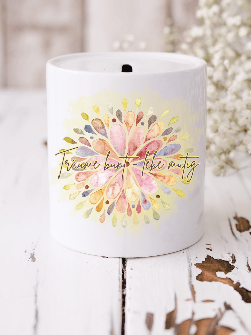 Träume bunt-lebe mutig - Keramikspardose - Alles auf Anfang - Geschenke für Frauen