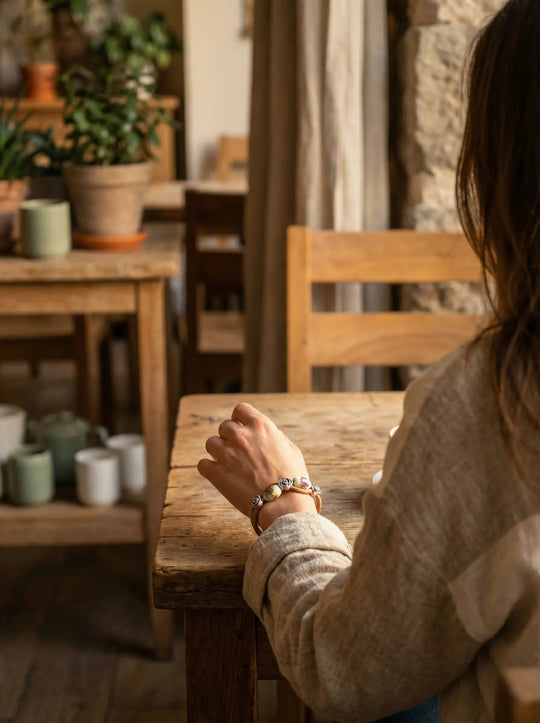 Korkarmband mit pinken Rosenperlen am Handgelenk getragen als Ausdruck von Lebensfreude und innerer Stärke – Achtsame Geschenke für Frauen bei Alles auf Anfang in Bedburg, NRW