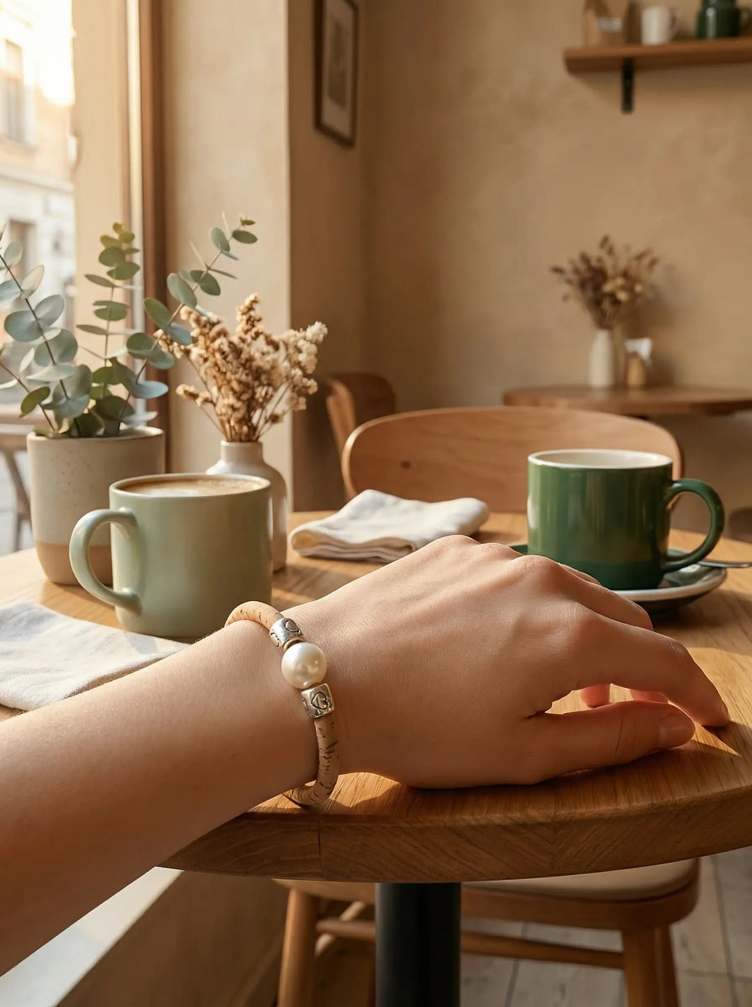 Perlenarmband aus Kork getragen am Handgelenk. Achtsame Geschenke für Frauen bei Alles auf Anfang in Bedburg, NRW