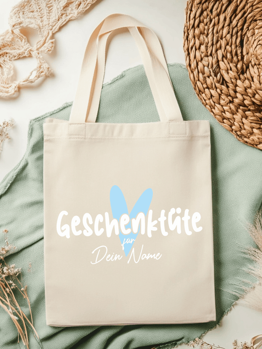 Geschenktüte Tasche | Einkaufsbeutel (personalisierbar) | Herz blau