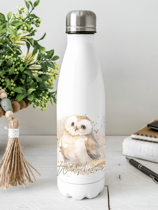 Personalisierbare Edelstahl-Trinkflasche mit doppelwandiger Thermo-Isolierung, 350ml oder 500ml, auslaufsicher und BPA-frei, mit liebevollem Aquarell-Motiv Eule – nachhaltiges Geschenk für unterwegs, Schule, Büro oder Sport.