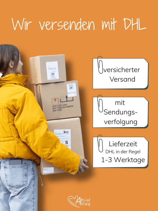 Versandinformationen von Alles auf Anfang - Geschenke für Herz & Seele. Wir versenden ausschließlich mit DHL versichert!