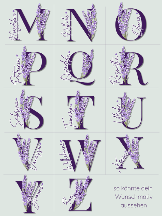 Personalisierte Tasse mit Buchstabe und Lavendel – ruhiges, liebevolles Geschenk, Namensmotiv für Frauen, Symbol für Balance & Sanftmut.