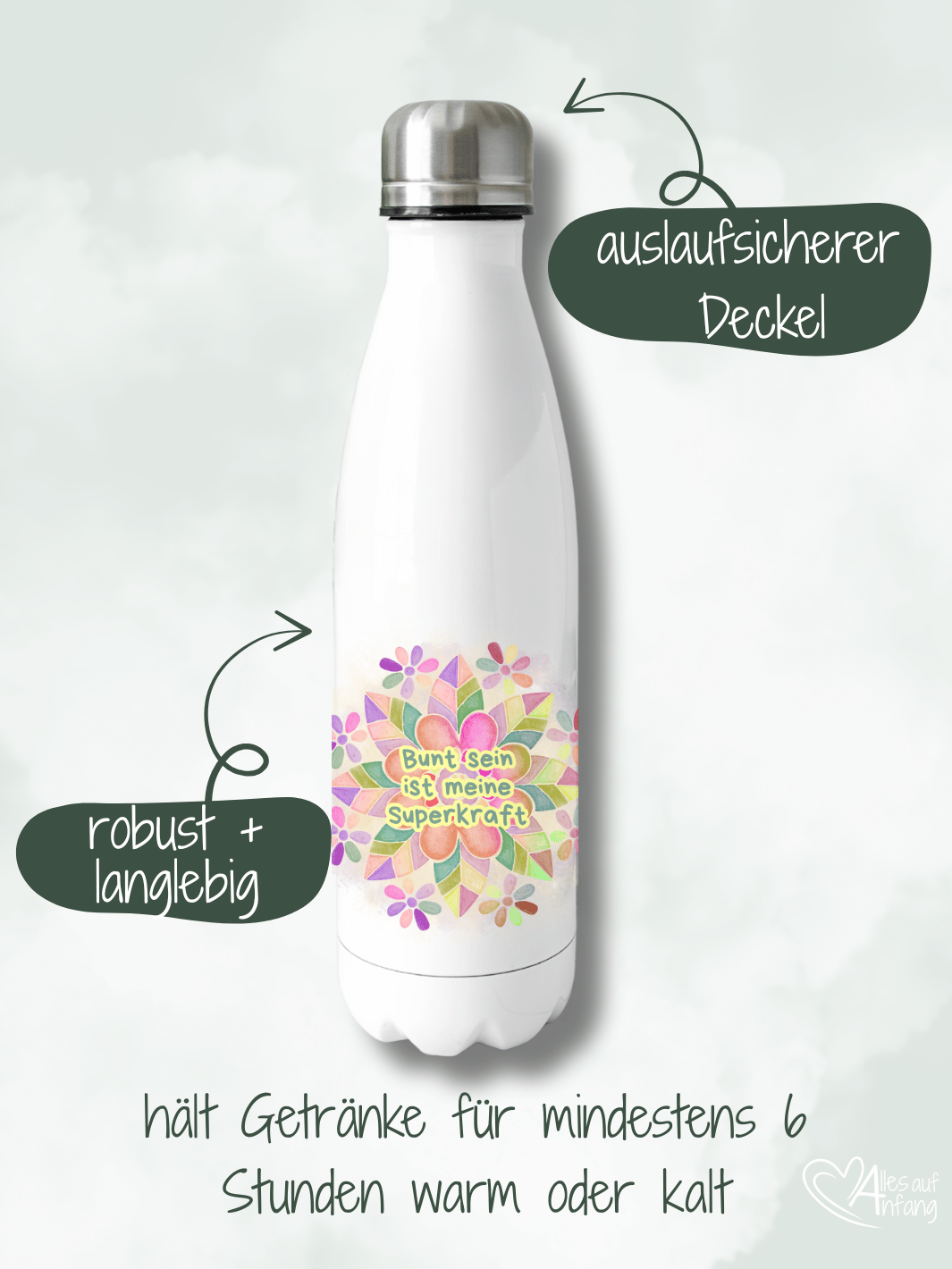 BUNT IST MEINE SUPERKRAFT Trinkflasche - Alles auf Anfang - personalisierte Geschenke für Frauen