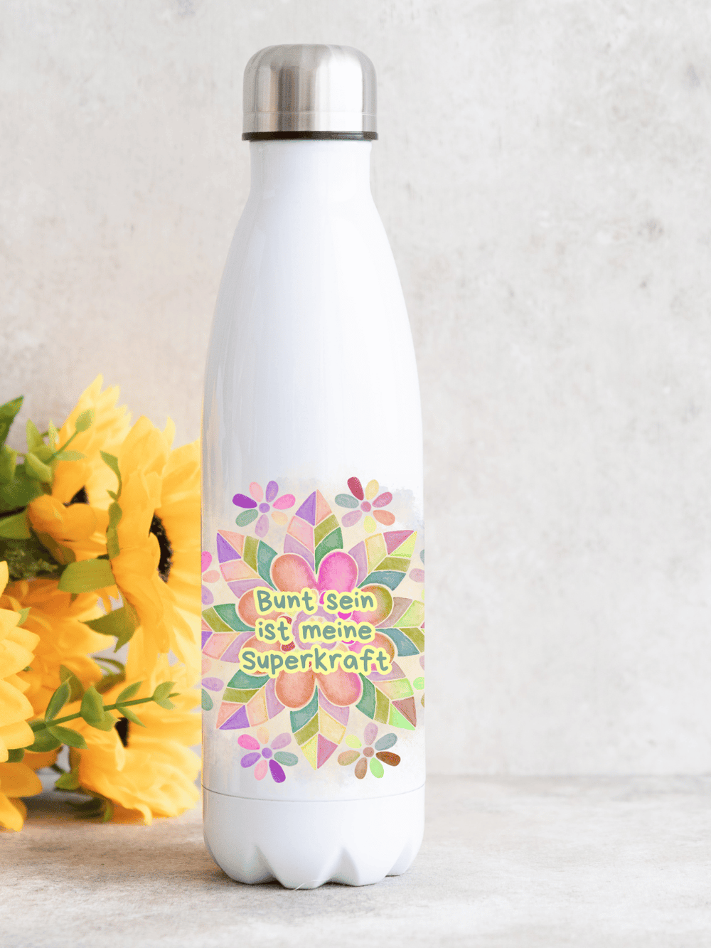 BUNT IST MEINE SUPERKRAFT Trinkflasche - Alles auf Anfang - personalisierte Geschenke für Frauen