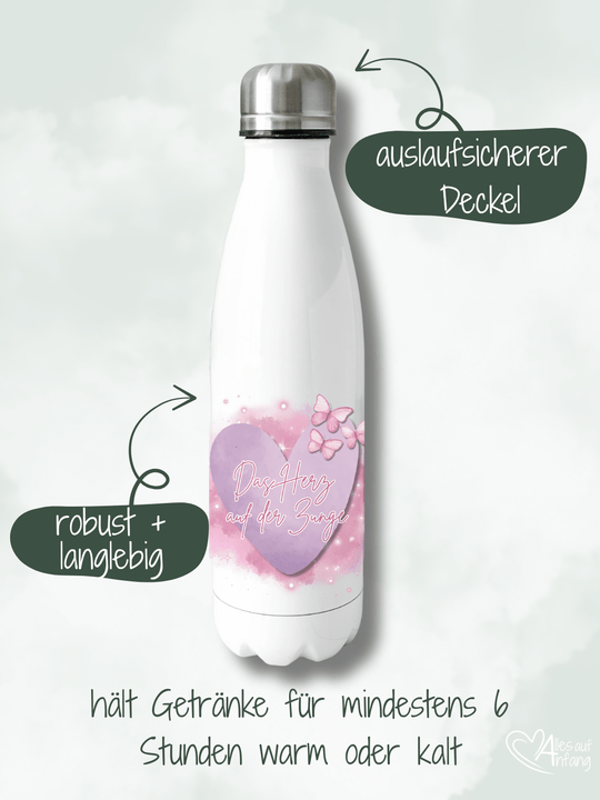 DAS HERZ AUF DER ZUNGE Trinkflasche - Alles auf Anfang - personalisierte Geschenke für Frauen