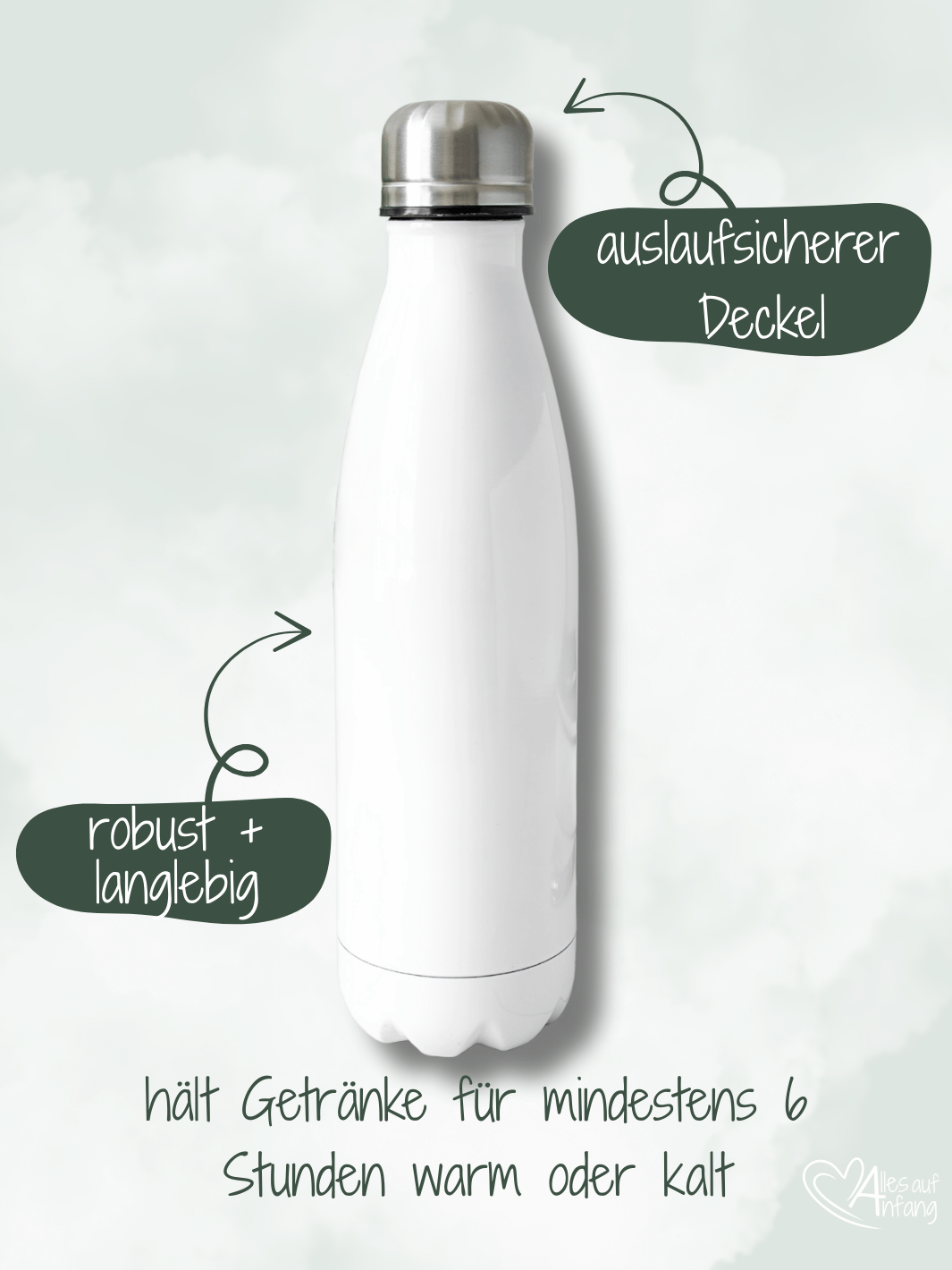 Thermo-Trinkflasche aus Edelstahl in verschiedenen Größen für Getränke. Hält Wärme für mind. 6 Stunden