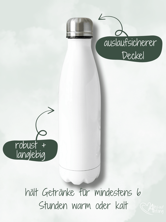 Thermo-Trinkflasche aus Edelstahl in verschiedenen Größen für Getränke. Hält Wärme für mind. 6 Stunden