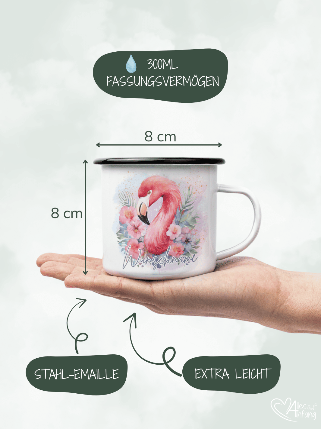 FLAMINGO Emaillebecher - Alles auf Anfang - personalisierte Geschenke für Frauen