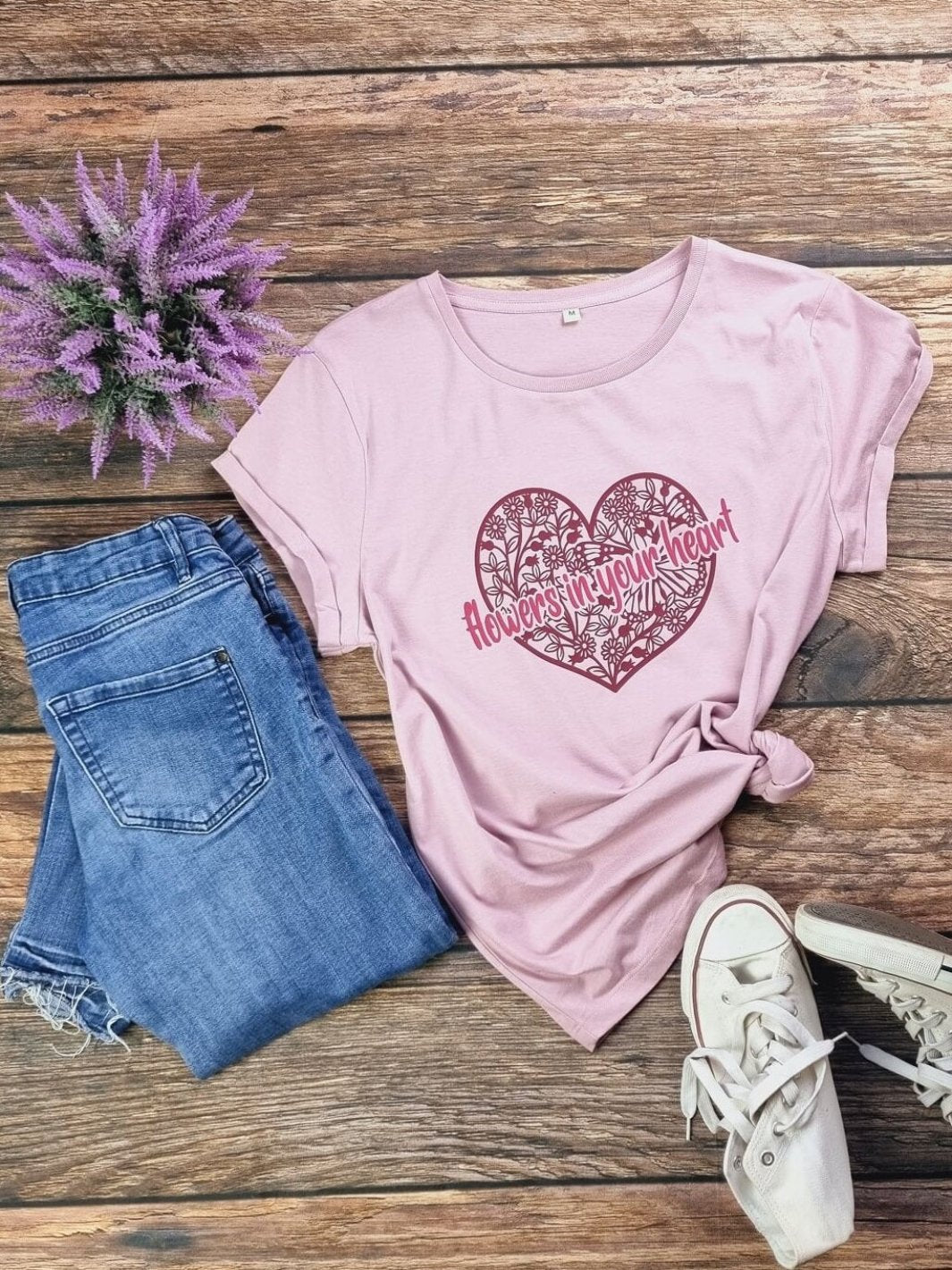 FLOWERS IN YOUR HEART Damen T-Shirt | purple rose | M (Musterverkauf)