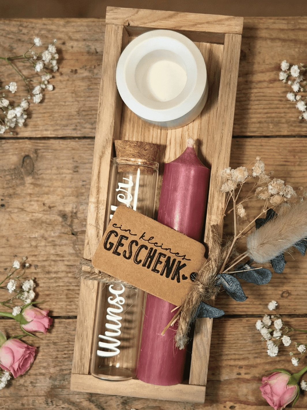 Geld - Geschenkset: 1 Kerze mit Wunscherfüller | Altrosa - Alles auf Anfang - personalisierte Geschenke für Frauen